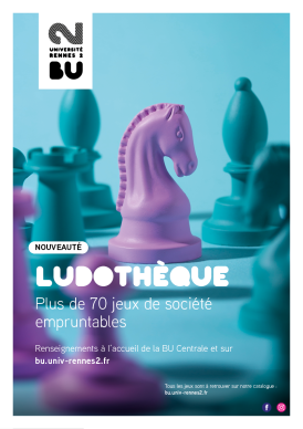 Affiche ludothèque cheval échec rose et bleu 